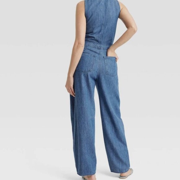 Universal Thread Curved Barrel Leg Jeans Denim Jumpsuit Overalls, Medium Wash 2 - Picture 2 of 11